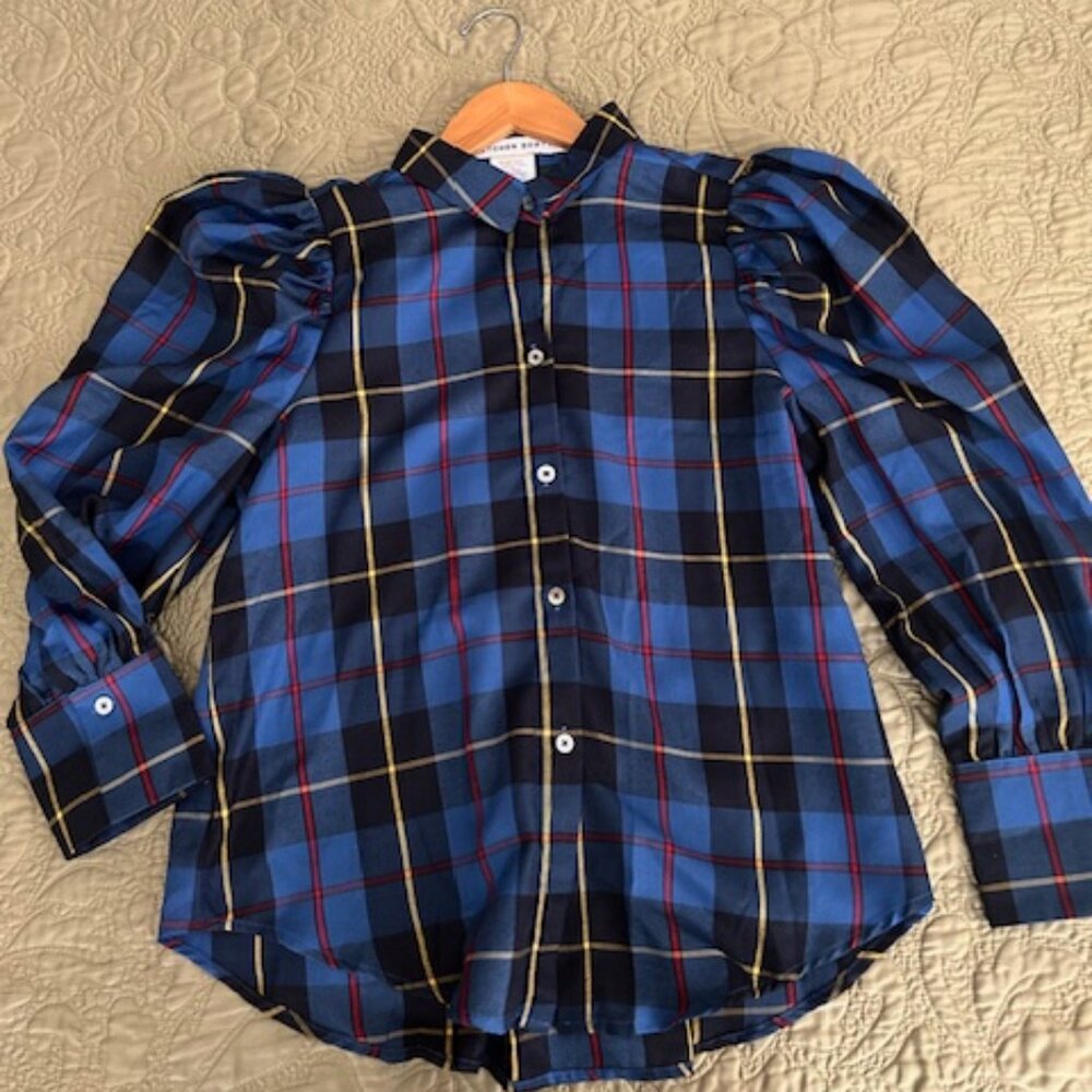 Gretchen Scott Juliet Puff Sleeve Blue Plaid Blouse NWOT